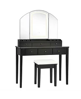 Vanity Table Stool Set with Large Tri-folding Lighted Mirror