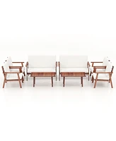 Gymax 8PCS Conversation Set Acacia Wood Sofa Coffee Table w/ Cushioned Seat Patio