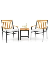 Gymax 3 Pcs Acacia Wood Bistro Set Patio Conversation Set w/ Cushions and Coffee Table