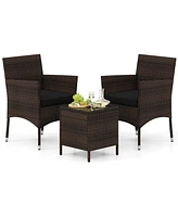 Gymax 3 Pcs Outdoor Conversation Set w/ Cushioned Seat & Tempered Glass Tabletop