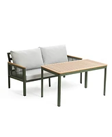 LuxenHome Outdoor Aluminum with Wood-Style Plastic Loveseat Sofa with Cushions and Coffee Table Set