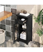Bathroom Floor Cabinet with Single Glass Door Drawer & Adjustable Shelf
