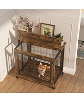 Furniture Style Dog Crate Side Table on Wheels with Double Doors and Lift Top. Rustic Brown