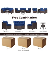 4 Pieces Patio Rattan Furniture Set Cushioned Sofa Glass Table