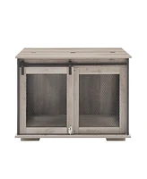 Farmhouse Dog Cage Crate Furniture with Sliding Barn Door Gray