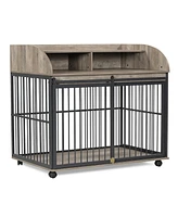 44'' Heavy Duty Large Dog Crate Furniture for Large Medium Dog with Lockable Wheels Grey