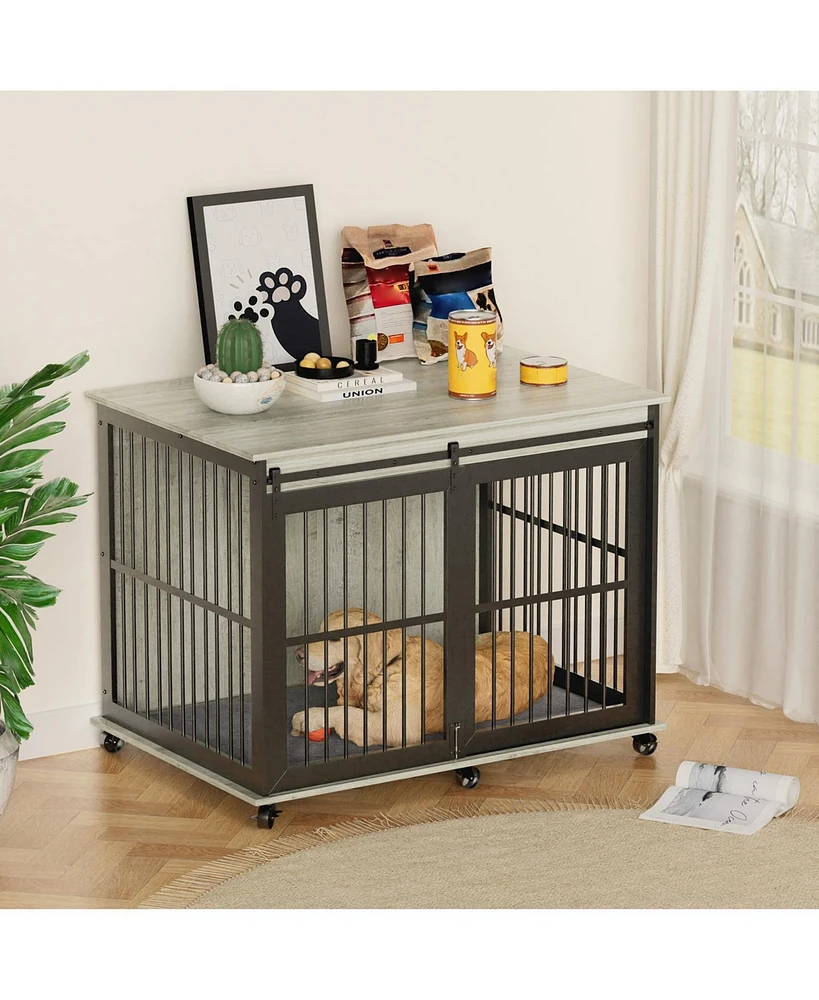 Furniture dog crate sliding iron door dog crate with mat Grey