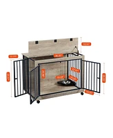 Furniture Style Dog Crate Side Table With Rotatable Feeding Bowl, Wheels, Three Doors, Flip-Up Top Opening. Indoor, Grey