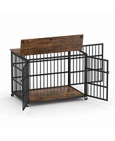 Furniture style dog crate wrought iron frame door with side openings, Rustic Brown