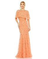 Mac Duggal Women's Embellished Illusion Cape Sleeve Trumpet Gown