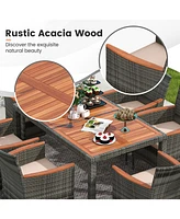 7 Pieces Patio Acacia Wood Cushioned Pe Rattan Wicker Dining Set