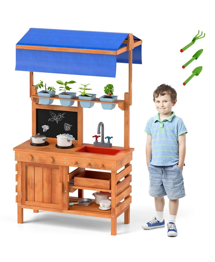 Wooden Pretend Play Kitchen with Height Adjustable Canopy for Kids