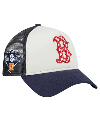 New Era Men's White/Navy Boston Red Sox Checkered Flag A-Frame Trucker 9FORTY Adjustable Hat