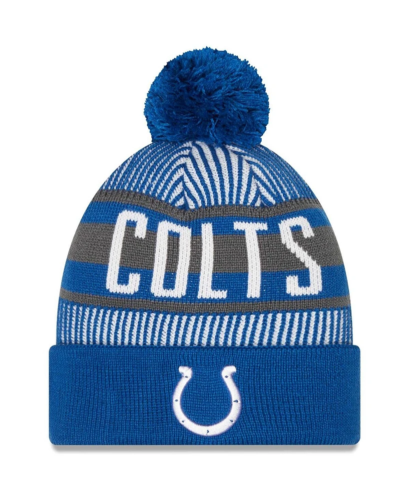 New Era Men's Royal Indianapolis Colts Striped Cuffed with Pom Knit Hat