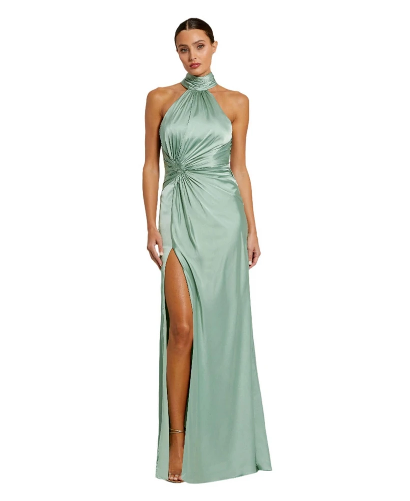 Women's Open Back High Neck Side Ruched Gown