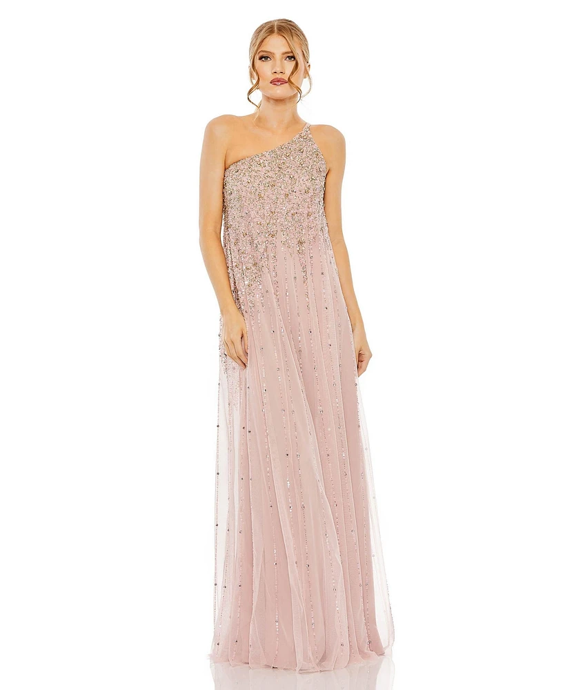 Women's One Shoulder Embellished Trapeze A Line Gown