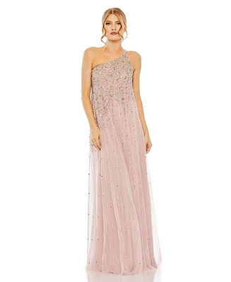 Women's One Shoulder Embellished Trapeze A Line Gown