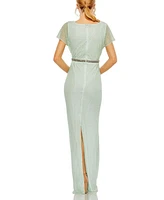 Women's Short Sleeve Beaded V-Neck Gown