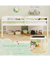 Twin Size Low Loft Bed with Ramp Ladder & Bookcases Full-length Safety Guardrail