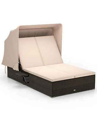 Patio Double Chaise Lounge with Shade Cushions and Folding Side Trays