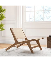 Teak Wooden Chair with Braided Rope Seat and Backrest for Backyard