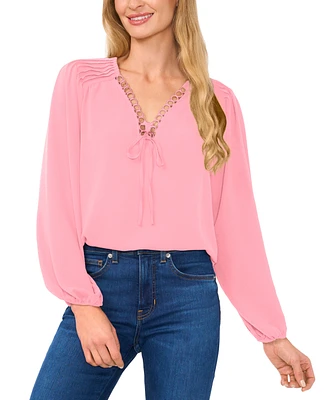 CeCe Women's Circular Trim Pin-Tuck Long Sleeve Blouse