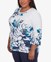 Alfred Dunner Plus Nantucket Fineline Floral Three Quarter Sleeve Top