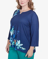 Alfred Dunner Plus Nantucket Asymmetric Floral Beaded Split Neck Top