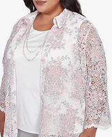 Alfred Dunner Plus Estate of Mind Floral Lace Two One Collared Neck Top with Necklace