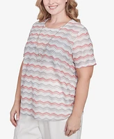 Alfred Dunner Plus Estate of Mind Chevron Shimmer Crew Neck T-Shirt with Necklace