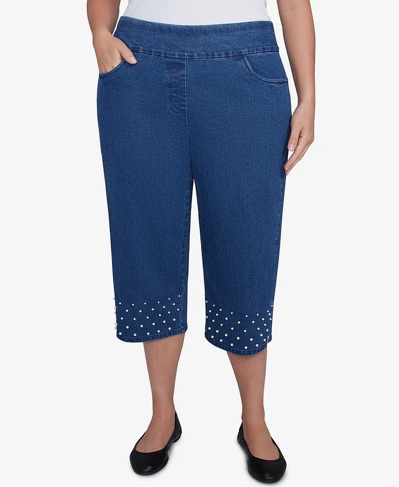 Alfred Dunner Plus Flower Power Detailed Denim Capris Pants