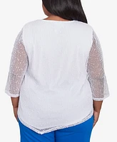 Alfred Dunner Plus Parrot Cay Popcorn Mesh Crew Neck Top with Necklace