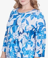 Alfred Dunner Plus Parrot Cay Monotone Cobalt Floral Top