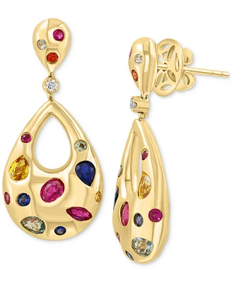 Effy Collection Diamond (1/20 ct. t.w.) & Multi Sapphire (2-1/3 ct. t.w.) Teardrop Earrings in 14k Gold Over Silver
