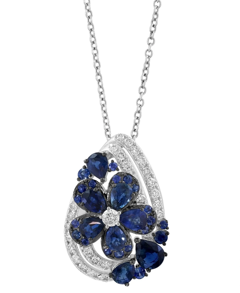 Effy Sapphire (1-7/8 ct. t.w.) & Diamond (1/3 ct. t.w.) Flower Pendant Necklace in 14k White Gold , 17" + 1" extender