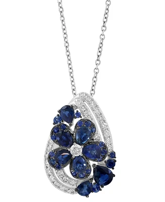 Effy Sapphire (1-7/8 ct. t.w.) & Diamond (1/3 ct. t.w.) Flower Pendant Necklace in 14k White Gold , 17" + 1" extender