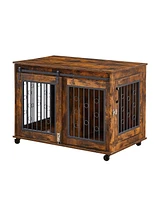 Sliding Door Dog Cage with Partition for Two Puppies Brown