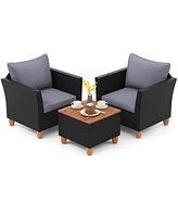 3 Pieces Outdoor Patio Wicker Furniture Set with Cushions and Acacia Wood Coffee Table