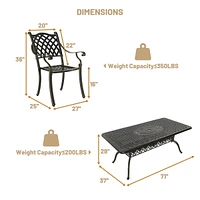 7pcs Patio Furniture Set Cast Aluminium Outdoor Dining Set 6 Outdoor Dining Chairs and 71 Inches Rectangular Dining Table for Balcony Porch Backyard G