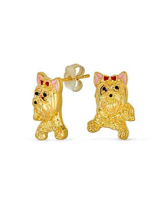 Bling Jewelry Best Friend Animal Pink Bow Yorkshire Terrier Stud Earrings Gold Plated