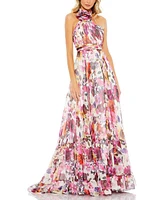 Women's Asymmetrical Ruffled Halter Floral Gown