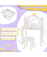 Kids Vanity Set with Tri-Fold Lighted Mirror, Detachable Top, and Stool Fun Dressing Table for Kids
