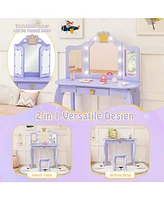 Kids Vanity Set with Tri-Fold Lighted Mirror, Detachable Top, and Stool Fun Dressing Table for