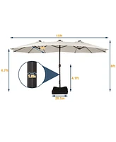 15 Ft Double-Head Patio Umbrella with Base Included Large Outdoor Solar Detachable Lights Rectangular Crank Market Umbrella, Red