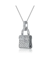 Sterling Silver White Gold Plated with Clear Cubic Zirconia Lock Pendant Necklace