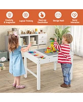 Kids Multi Activity Play Table Wooden Building Block Desk with Storage Paper Roll