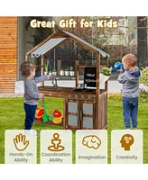 Kid's Mud Kitchen Outdoor Solid Wood Mud Kitchen with Canopy