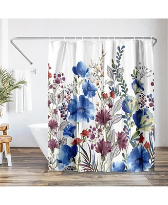 71x74 Blue Floral Shower Curtain - 100% Polyester - Water-Resistant Bath Curtain