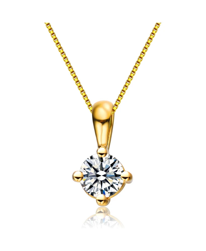 Sterling Silver 14K Gold Plated with Clear Round Cubic Zirconia Solitaire Necklace