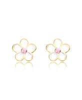 GiGiGirl Sterling Silver 14K Gold Plated with White and Pink Enamel Flower Screw Back Earrings